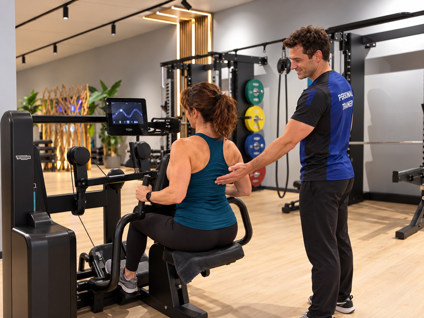 Fiktiver Trainer im blau-schwarzen Trainershirt begleitet eine Kundin am Trainingsgerät